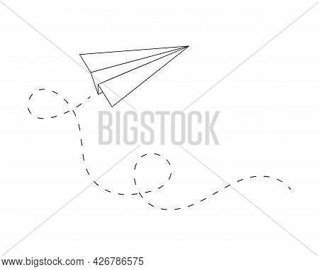 Fold Origami Paper Plane With Path Loops. Outline Symbol Of Delivery, Communication, Travel, Imagina
