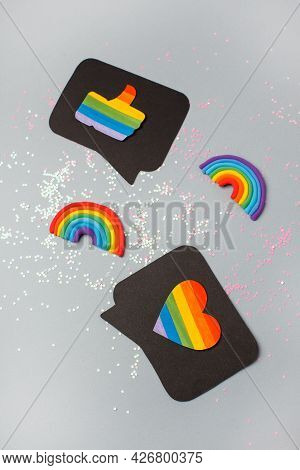 Happy Pride Month Banner For Lgbt Rights Or Social Issues Event. Colorful Rainbow Heart And Thumb Up