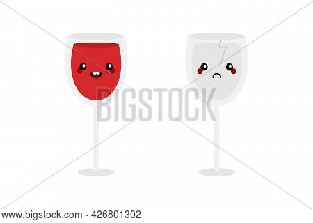 Cartoon Style Red Wine Glasses Characters, Happy Smiling And Sad Broken.
