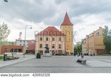 Lubin, Poland - June 1, 2021: Market Square With Gothic 14th Century Glogow Tower.