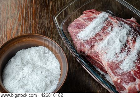 Homemade Capicola (coppa). Dry-cured Pork Loin Step-by-step Recipe. Raw Pork Meat Covered With Salt 