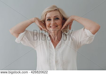 Elderly Caucasian Old Aged Woman Gray Haired Portrait Doing Facebuilding Yoga Face Gymnastics Yoga S