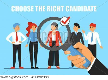 Giant hand with magnifying glass choosing candidate for a job vector illustration. Idea of recruitment and human resources. Happy employee. Group of people