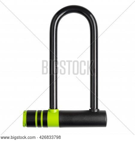 Security, Bicycle Lock U Shape.black Green U-lock Isolated On White Background.