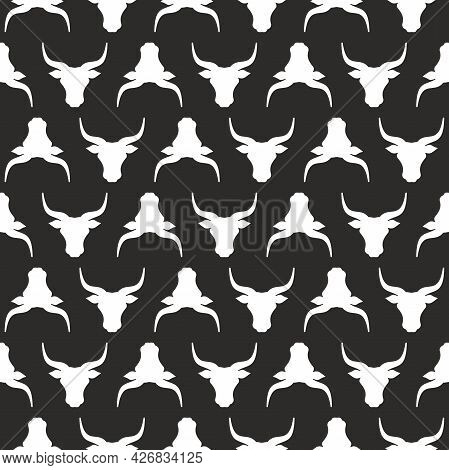 Seamless Ornament With Bull Head. Ox, Cow Pattern. Farm Animal. Beef, Milk, Lactose Wallpaper. Vecto