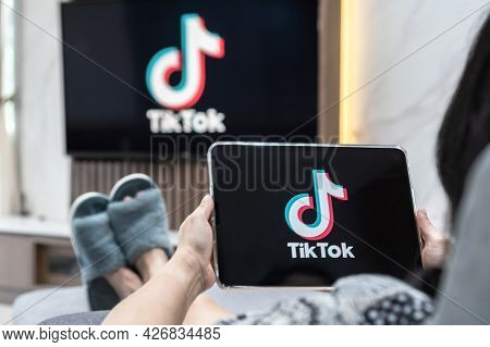 Nonthaburi, Thailand - 14 July, 2021: Tiktok App Logo, Tik Tok Social Media Appication By Bytedance 