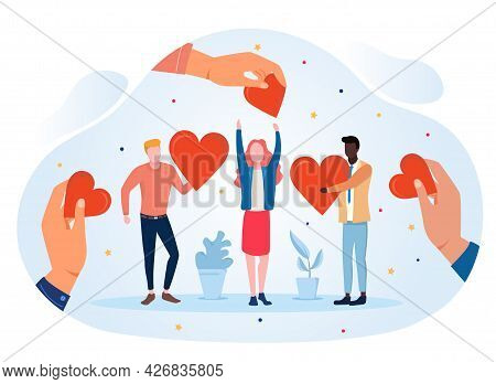 Heartfelt Love As A Symbol Of Charity And Help. The Characters Give The Girl Hearts, Support And War