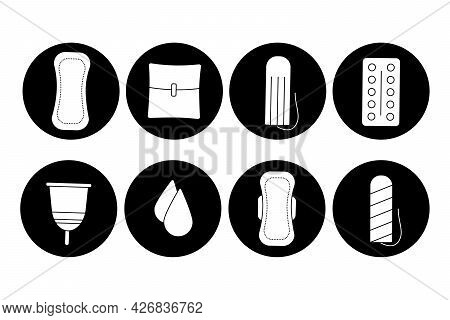 Feminine Hygiene Icons Set. Womens Pads And Tampons. Critical Days, Menstruation Concept. A Collecti