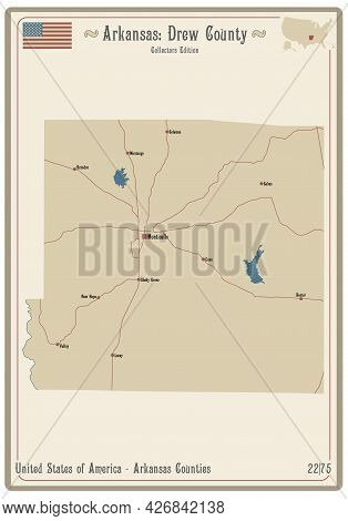 Map On An Old Playing Card Of Drew County In Arkansas, Usa.