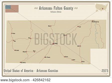 Map On An Old Playing Card Of Fulton County In Arkansas, Usa.