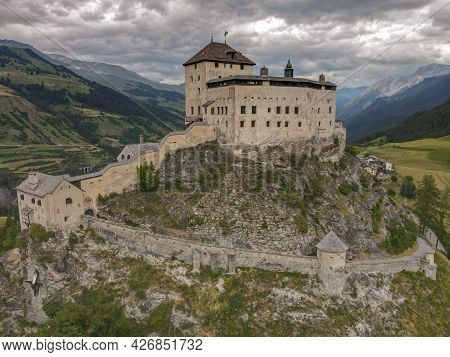Drone View At Tarasp Castle In The Swiss Alps