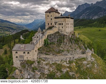 Drone View At Tarasp Castle In The Swiss Alps