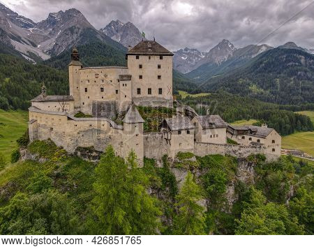 Drone View At Tarasp Castle In The Swiss Alps