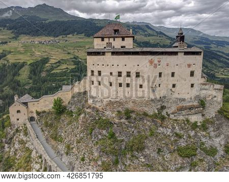 Drone View At Tarasp Castle In The Swiss Alps