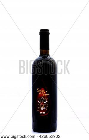 Bottle Of Sange De Taur Wine Isolated On White. Illustrative Editorial Photo Shot In Bucharest, Roma