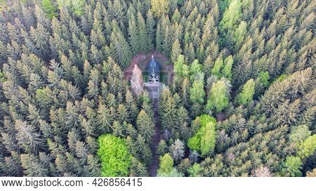 Aerial View Of Wooden Rural Chapel Called Tichackova Kaple In Broumovsko Region,czech Republic.catho