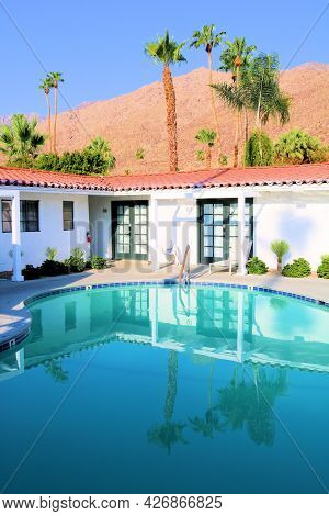 July 14, 2021 In Palm Springs, Ca:  Historic Spanish Colonial Style Building Surrounding A Pool At A