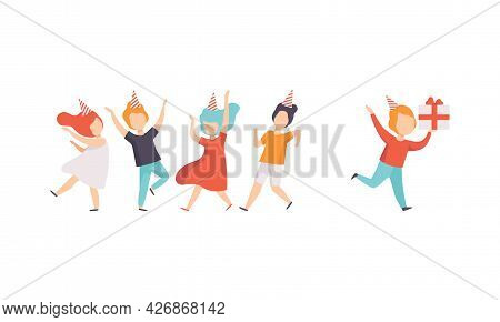 Happy Kids Celebrating Birthday, Boy Running With Gift Box Cartoon Vector Illustration