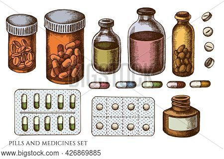 Vector Set Of Hand Drawn Colored Pills And Medicines Stock Illustration