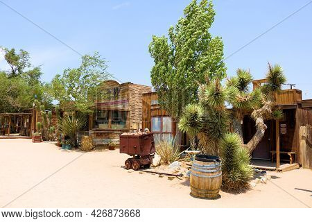 July 14, 2021 In Pioneertown, Ca:  Joshua Tree, Cacti Plants, And Trees On Arid Gardens Besides Hist