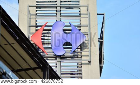 Warsaw,poland. 15 July 2021. Company Logo Carrefour.french International Hypermarket Chain Carrefour