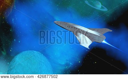 Shuttle Star Spacecraft 3d Illustration - A Spaceship Voyages To The Outer Solar System Between Satu
