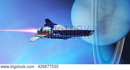 Spaceship Visits Uranus 3d Illustration - A Spaceship Visits Uranus And Its Planetary Rings Which Is