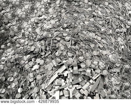 Pile Of Steel Scrap, Scrap From Cold Stamping Sheet Metal Cutting Process, Punching Waste, Material 