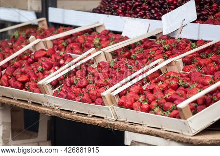 Strawberries From Grocka Fresh And Red, For Sale On A Market In Belgrade, Serbia Piled On A Stall In