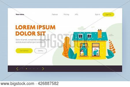 People Staying Home During Rainy Weather. View Through Window, Exterior, Depression Flat Vector Illu