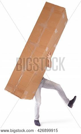 Man Carrying A Oversized Cardboard Box, Isolated On White