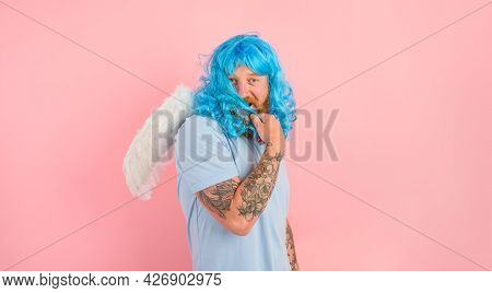 Man With Beard And Blue Peruke Acts Like An Agel With Wings