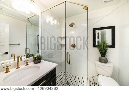 Stylish Luxurious Bathroom Design With Black And Gold Fixtures