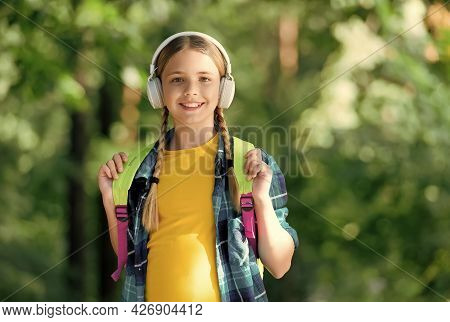 Music Is Playing. Happy Girl Wear Headphones Natural Landscape. Listen Technology. Vacation Travel. 
