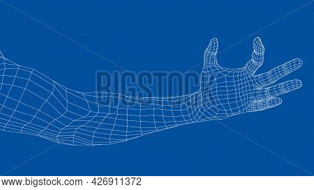Hand Hold Some Tiny Or Thin Object. Vector Rendering Of 3d. Wire-frame Style. Hand Hold Somethin