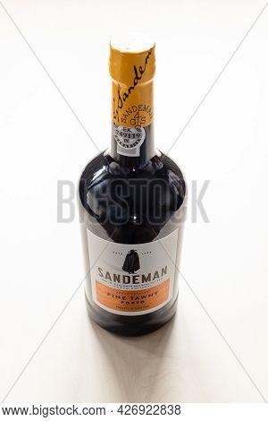 Moscow, Russia - June 10, 2021: Closed Bottle Of Sandeman Fine Tawny Porto Wine. Sandeman Is Brand O