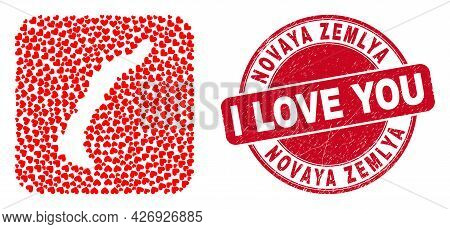 Vector Mosaic Novaya Zemlya Islands Map Of Lovely Heart Items And Grunge Love Seal Stamp. Mosaic Geo