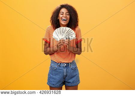 Finally Girl Rich. Portrait Of Happy Charismatic Stylish Young Female Model Receiving First Payment 