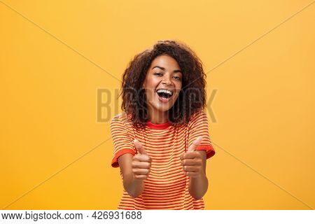 Woman Surely Knows How Boost Mood. Portrait Of Friendly-looking Stylish And Outgoing African America