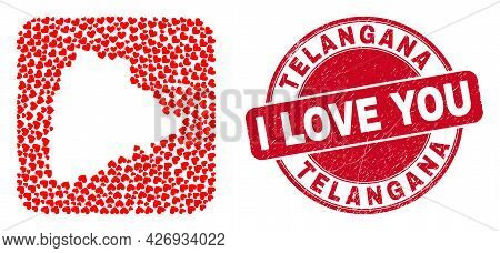 Vector Mosaic Telangana State Map Of Love Heart Elements And Grunge Love Badge. Mosaic Geographic Te