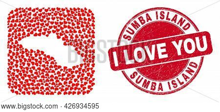 Vector Mosaic Sumba Island Map Of Love Heart Items And Grunge Love Stamp. Mosaic Geographic Sumba Is