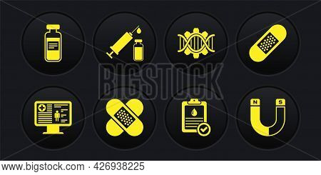 Set Clinical Record On Monitor, Bandage Plaster, Crossed Bandage, Clipboard With Blood Test, Genetic