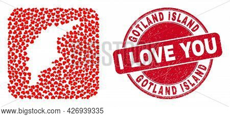 Vector Mosaic Gotland Island Map Of Valentine Heart Items And Grunge Love Seal Stamp. Mosaic Geograp