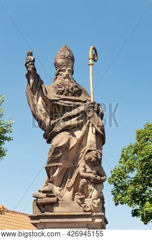 Statue Of Saint Augustinus (augustine Of Hippo) On Charles Bridge In Prague, Czech Republic