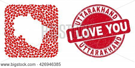 Vector Mosaic Uttarakhand State Map Of Love Heart Items And Grunge Love Seal Stamp. Mosaic Geographi