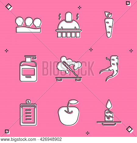 Set Vacuum Cans, Sauna And Spa Procedures, Carrot, Bottle Of Liquid Soap, Scented Stick, Ginger Root