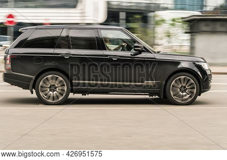 Moscow, Russia - May 2021: Range Rover L405 Suv Vehicle On The City Road. Fast Moving Black Car On M