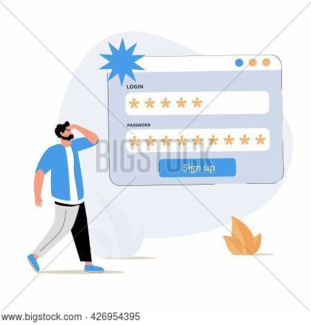 Registration Form. Cute Cartoon Man With A Registration Sign Up Form, Filling All Fields For Signing