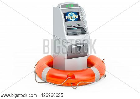Atm Machine With Lifebelt, 3d Rendering Isolated On White Background