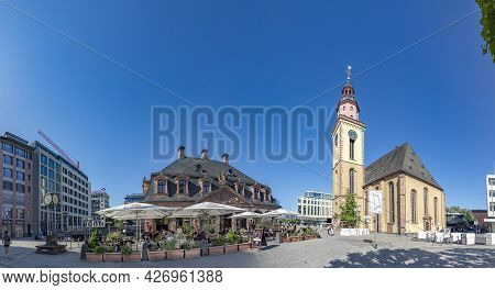 Frankfurt, Germany - June 13, 2021: Skyline Of Frankfurt Am Main At Hauptwache, The Central Square A